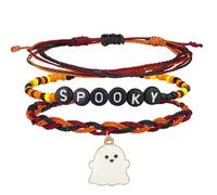 COLORFUL BLING Halloween Multilayer Braided String Rope Bracelets Pumpkin Ghost Skull Pendant Adjustable Strand Bracelets Holiday Night Costume Party Jewelry, S, no gemstone