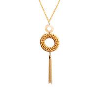 COLORFUL BLING Handwoven Rattan Y-Shaped Long Chain Tassel Pendant Necklace | Straw Wicker Braided,Geometric Shaped, Boho Style, Gold-Tone Chain, Statement Jewelry