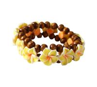 COLORFUL BLING Hawaiian Plumeria Flower Beaded Bracelet, Double Strand Wood Bead Stretch Bracelet, Boho Tropical Summer Beach Jewelry for Women, Elastic Floral Bracelet Gifts