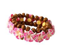 COLORFUL BLING Hawaiian Plumeria Flower Beaded Bracelet, Double Strand Wood Bead Stretch Bracelet, Boho Tropical Summer Beach Jewelry for Women, Elastic Floral Bracelet Gifts