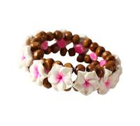 COLORFUL BLING Hawaiian Plumeria Flower Beaded Bracelet, Double Strand Wood Bead Stretch Bracelet, Boho Tropical Summer Beach Jewelry for Women, Elastic Floral Bracelet Gifts
