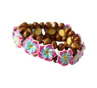 COLORFUL BLING Hawaiian Plumeria Flower Beaded Bracelet, Double Strand Wood Bead Stretch Bracelet, Boho Tropical Summer Beach Jewelry for Women, Elastic Floral Bracelet Gifts, S, no gemstone