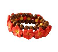 COLORFUL BLING Hawaiian Plumeria Flower Beaded Bracelet, Double Strand Wood Bead Stretch Bracelet, Boho Tropical Summer Beach Jewelry for Women, Elastic Floral Bracelet Gifts