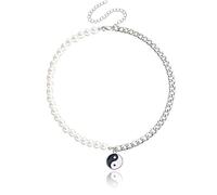 COLORFUL BLING Hip Hop Cool Black White Beaded Yin Yang Taichi Necklace for Women Mens Link Chain Pearls Reiki Choker Punk Amulet Lucky Jewelry, Metal, bead,