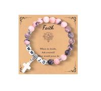 COLORFUL BLING Natural Healing Stone WWJD Beaded Strand Adjustable Bracelet with Meaningful Card Inspirational for Women Jewelry Gifts What Would Jesus Do Woven Wristbands Faith, stone bead, stone