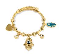 COLORFUL BLING Polished Stainless Steel Turkish Lucky Symbol Fatima Hands Bangle Crystal Zircon Evil Eye Wrap Braclet for Women Protection Jewelry-heart, 55-70mm diameter, adjustable, Metal, stainless
