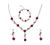 COLORFUL BLING Rose Red Jewelry Necklace, Flower Dangle Earrings and Bracelet Set in Rose Gold for Women, Bride Wedding and Prom