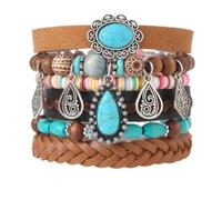 COLORFUL BLING Western Boho Floral Turquoise PU Leather Woven Wood Beaded Multilayer Stackable Charm Bracelets for Men & Women, Stone Leather Wood, Agate