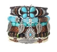 COLORFUL BLING Western Boho Floral Turquoise PU Leather Woven Wood Beaded Multilayer Stackable Charm Bracelets for Men & Women, Stone Leather Wood, Agate
