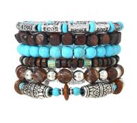 COLORFUL BLING Western Boho Floral Turquoise PU Leather Woven Wood Beaded Multilayer Stackable Charm Bracelets for Men & Women, Stone Leather Wood, Agate
