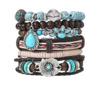 COLORFUL BLING Western Boho Floral Turquoise PU Leather Woven Wood Beaded Multilayer Stackable Charm Bracelets for Men & Women, Stone Leather Wood, Agate