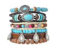 COLORFUL BLING Western Boho Floral Turquoise PU Leather Woven Wood Beaded Multilayer Stackable Charm Bracelets for Men & Women, Stone Leather Wood, Agate