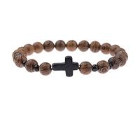 COLORFUL BLING Wood Beaded Cross Stretch Rosary Bracelet for Men Boys First Communion Religious Cross Statement Wrist Bangle Faith Prayer Jewelry, Wood Metal, wooden