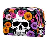 Colorful Blossom Daisies Skull Cosmetic Bag for Women, Travel Toiletries Bags Large Makeup Handy Pouch Organiser Bag with Zipper