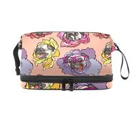 Colorful Blossoming Flower of Pug Dos Double Layer Cosmetic Bag for Women and Girls, Travel Toiletry Bag Makeup Handy Pouch Organiser Bag with Brush Compartment