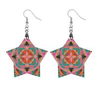 Colorful Bohemian Patterns Wooden Earrings for Women, Vintage Elegant Wood Jewelry, Lightweight Earrings for Wedding, Party, Everyday Jewelry Gift, Star, Wood, wood