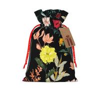 (Colorful Boho Floral) Print Christmas New Year Candy Gift Bag, Red Xmas Ribbon Drawstring Bags for Kids Xmas Holiday Eve Presents M Size