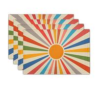 Colorful Boho Placemats Set of 4 Rustic Retro Rainbow 70s Sun Linen Washable Kitchen Dining Table Mats Stain Heat-Resistant Desktop Decor Place Mats for Home Party Indoor 12x18 in