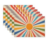 Colorful Boho Placemats Set of 6 Rustic Retro Rainbow 70s Sun Linen Washable Kitchen Dining Table Mats Stain Heat-Resistant Desktop Decor Place Mats for Home Party Indoor 12x18 in