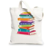 Colorful Book Stack Canvas Tote Bag, Eco-Friendly Reusable Shopping Bags, Lightweight Artistic Shoulder Strap Bags 13x15 Inch