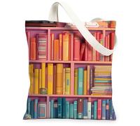 Colorful Bookshelf Canvas Tote Bags, Artistic Library Pattern Reusable Grocery Bags, Summer Vintage Lightweight Washable Sh, Colorful, 13x15 Inch