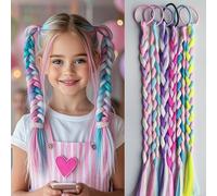 Colorful Braided Hair Extensions for Girls, Elastic Synthetic Braids, Fun and Simple Hairpieces for Kids, Cute Ponytail Accessories for Daily Life, Party and Gifts, 6 Pieces