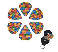 Colorful Brick Guitar Picks 6 Pack, 0.71mm Thickness Celluloid Bass Pick with Leather Guitar Pick Holder Keychain Abstract Art Pics Plectrum for Acoustic Electric Guitar, Ukulele, Bass