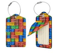 Colorful Brick Luggage Tag PU Leather Suitcase Tags Identifiers Travel Tags with Privacy Protection and Stainless Steel Loop Luggage Bag Tag for Women Men, Black, 2 Pcs