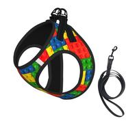Colorful Brick print Dog Harness and Leash Set, Reflective Adjustable Puppy Vest for Small Medium Large Dogs, Cats