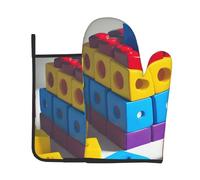 Colorful Building Blocks Patterned Baking Oven Gloves Set (2 Piece), Suitable for Cooking and Kitchen