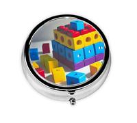 Colorful Building Blocks Round mini Pill Box, Lightweight and Portable, with 3 Plastic Inserts, Suitable for Carrying in Pockets or Wallets.