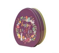 Colorful Bunny Flat Egg Shaped Tin Box for Easter Decoration, 12x9x5cm Metal Candy Container for Kids Treats Storage and Spring Party Favors(D)