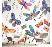 Colorful Butterflies and Dragonflies Wallpaper,White Silk Wallpaper 350×256 Cm Durable Easy to Clean, Easy to Install Simple Style Suitable for Bedroom, Living Room, Kitchen, Bathroom Decoration