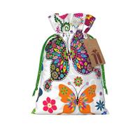 Colorful Butterflies and Flowers Printed Christmas Drawstring Bags with Green Christmas Ribbon - Reusable Burlap Drawstring Gift Pouches, M
