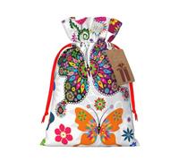 Colorful Butterflies and Flowers Printed Christmas Drawstring Bags with Red Ribbon - Reusable Burlap Drawstring Gift Pouches, M