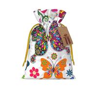 Colorful Butterflies and Flowers Printed Christmas Drawstring Bags with Yellow Christmas Ribbon - Reusable Burlap Drawstring Gift Pouches, S