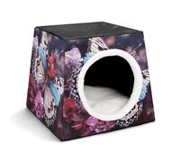 Colorful Butterflies on Flowers Cat Bed for Indoor Cats - Foldable Cat & Dog House with Removable Cozy Cushion, Waterproof Oxford Washable Pet House for Small Pets 13.8" X 13.8" X 11.8"