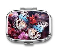 Colorful Butterflies on Flowers Pill Box 2 Compartment, Portable Pill Case with Mirror for Pocket Purse Travel, Mini Metal Medicine Organizer for Vitamins Fish Oil