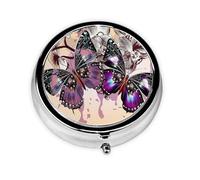 Colorful Butterflies On Flowers Print Round Pill Box,Portable Mini Metal Pill,Pill Box 3 Compartment Medicine Pill Case