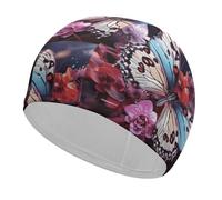 Colorful Butterflies on Flowers Swim Cap for Adult, Elastic Fabric Swimming Cap, Comfortable Bathing Cap for Long & Short Hair