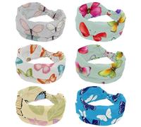 Colorful Butterflies Pattern Women's Headbands, 6 Pack Fashion Non Slip Headband, Knotted Cross Head Wraps, Wide Hairband for Workout Sports Yoga Running