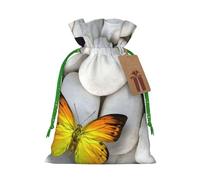 Colorful butterflies Stone Printed Christmas Drawstring Bags with Green Christmas Ribbon - Reusable Burlap Drawstring Gift Pouches, S