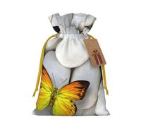 Colorful butterflies Stone Printed Christmas Drawstring Bags with Yellow Christmas Ribbon - Reusable Burlap Drawstring Gift Pouches, M