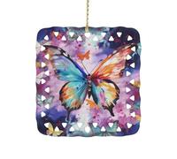 Colorful Butterfly Ceramic Christmas Ornament Xmas Tree Hanging Pendant Double Sided Pattern Festive Square Ornament Holiday Home Party Decoration Gifts