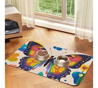 Colorful Butterfly Dog Food Mats for Floors, 16x24 Inch Non-Slip Super Absorbent Pet Food Mat, Dishwasher Dog Mat for Food and Water, Cute Rubber Quick Dry Pet Feeding Mat for Dogs Puppy Cats