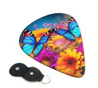 Colorful Butterfly Flower Guitar Picks 6 Pack with Leather Guitar Pick Holder Keychain, Plectrum Key Fob Cases Bag, Abstract Art Plectrum for Acoustic Electric Guitar, Ukulele 0.46mm