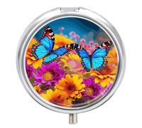 Colorful Butterfly Flower Pill Box with Mirror 3 Compartment Pill Organizer for Pocket Portable Medicine Container Holder to Hold Vitamins,Fish Oil