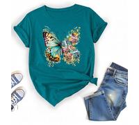 Colorful Butterfly Flower Print T Shirt for Women, Green, XXL