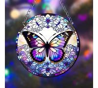 Colorful Butterfly Flower Stained Windows Hanging Suncatcher,Flower Stained Acrylic Suncatchers Window Ornament Stained Glass Panel Sun Catcher Wall Hanging Decor Birthday Gifts