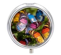 Colorful Butterfly Flowers Round Pill Box with Mirror 3 Compartment Portable Pill Case for Travel Outdoor Use Cute Small Pill Organizer for Pocket Or Purse